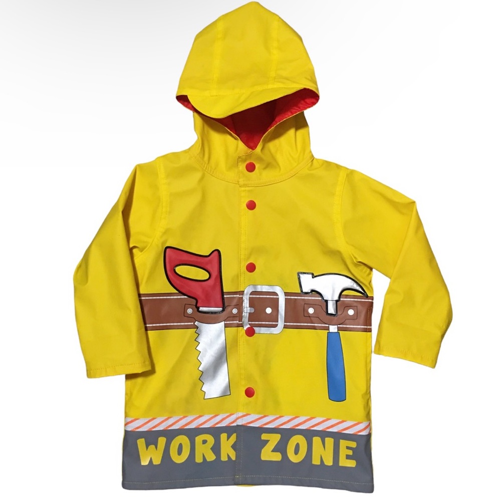 WIPPETTE KIDS 2T Hooded Raincoat Carpenter Work Zone Snaps Closed Yellow Red